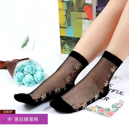 Glass fiber stockings - Children's rose flower sweet anti-slip cotton bottom stockings - Transparent mid-calf women's low-top trendy cotton stockings