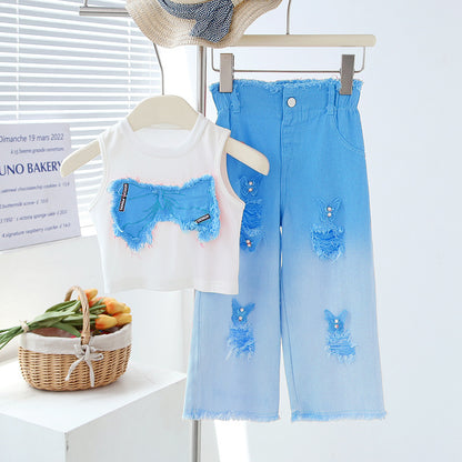 Girls' Summer Set - Two-Piece Set of Sleeveless Hole-Punched Denim Pants for Ages 4-12 - Summer Dress for Girls