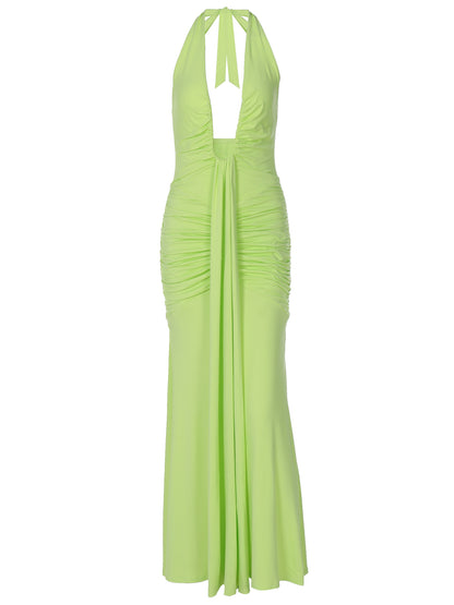 Sexy cut-out V-neck backless fitted pleated spliced strap-neckline dress for women