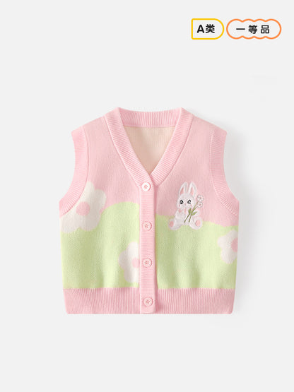 Girls' V-neck blazer made of A-grade cotton, with cartoonish knitted top, suitable for spring and autumn, a warm sweater for girls, girls' coat