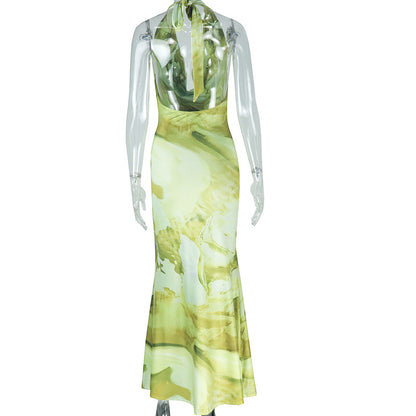 Fresh Women's Clothing - Fashionable Printed Backless Elegant Fish Tail Dress - Shaping Deep V-neck Collarless Dress