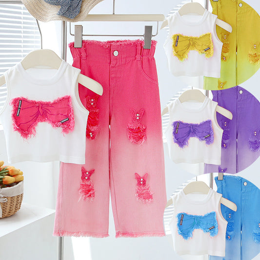 Girls' Summer Set - Two-Piece Set of Sleeveless Hole-Punched Denim Pants for Ages 4-12 - Summer Dress for Girls