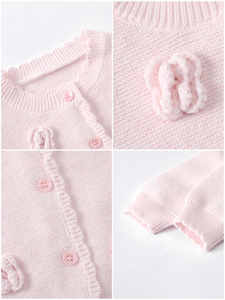 Girls' sweater cardigan princess three-dimensional flower round-neck knitted cotton coat pure color cotton outerwear baby girl A-class sweater