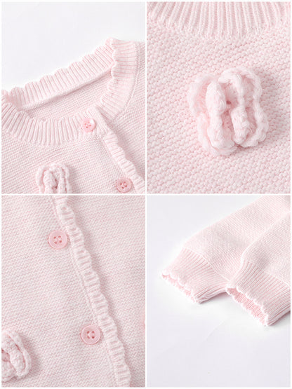 Girls' sweater cardigan princess three-dimensional flower round-neck knitted cotton coat pure color cotton outerwear baby girl A-class sweater