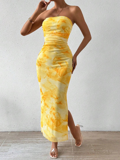Women's TK net mesh printed dress - Spring/Summer new style, high waist, fitted, slit at the hem, racerback, full skirt