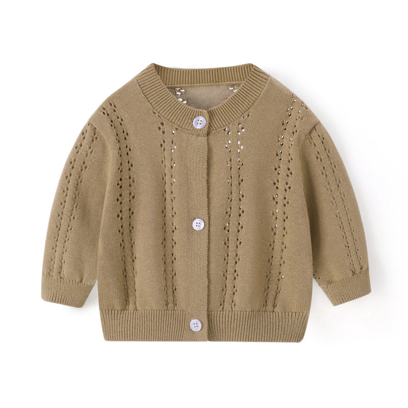 Spring and Summer Baby Lightweight Knitted Cardigan - Air Conditioner Protection Cooling Suit - Class A Cotton Long-Sleeved Children's Solid Color Breathable Round Collar Coat