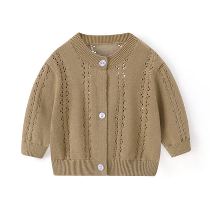 Spring and Summer Baby Lightweight Knitted Cardigan - Air Conditioner Protection Cooling Suit - Class A Cotton Long-Sleeved Children's Solid Color Breathable Round Collar Coat