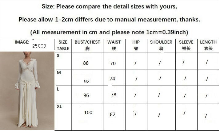 Long-sleeved dress with lace patchwork and trumpet sleeves, flowing ribbons, elegant and figure-hugging long dress for women