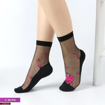 Glass fiber stockings - Children's rose flower sweet anti-slip cotton bottom stockings - Transparent mid-calf women's low-top trendy cotton stockings