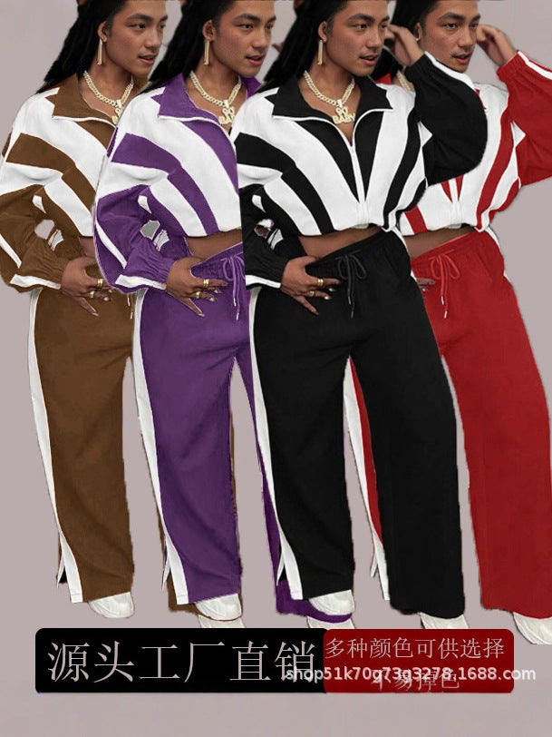 Black and white color-blocked top and wide-leg pants two-piece casual sportswear set, stylish and relaxed.