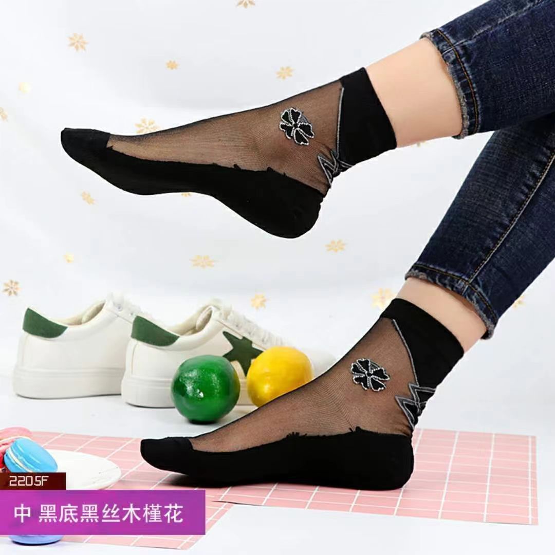 Glass fiber stockings - Children's rose flower sweet anti-slip cotton bottom stockings - Transparent mid-calf women's low-top trendy cotton stockings