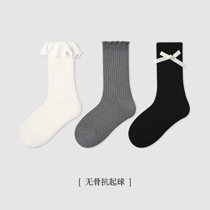 儿童袜子批发2025秋冬花边蝴蝶结女童中筒袜棉木耳边无骨中筒童袜