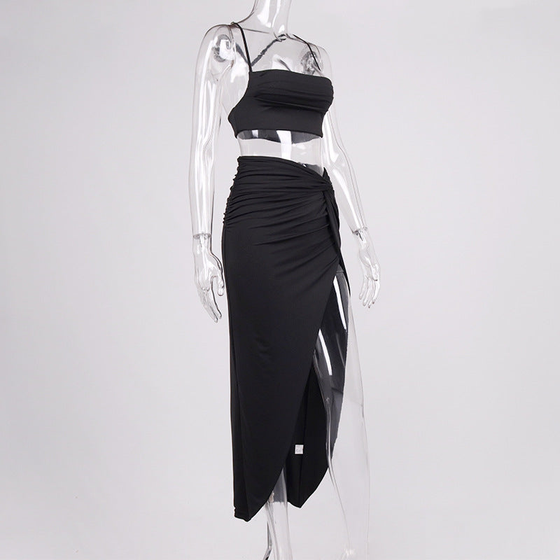 Summer women's dress set - pleated halter-neck strapless high-slit long dress in two pieces