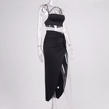 Summer women's dress set - pleated halter-neck strapless high-slit long dress in two pieces