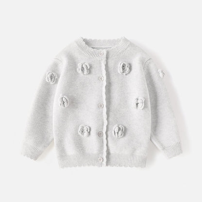Girls' sweater cardigan princess three-dimensional flower round-neck knitted cotton coat pure color cotton outerwear baby girl A-class sweater