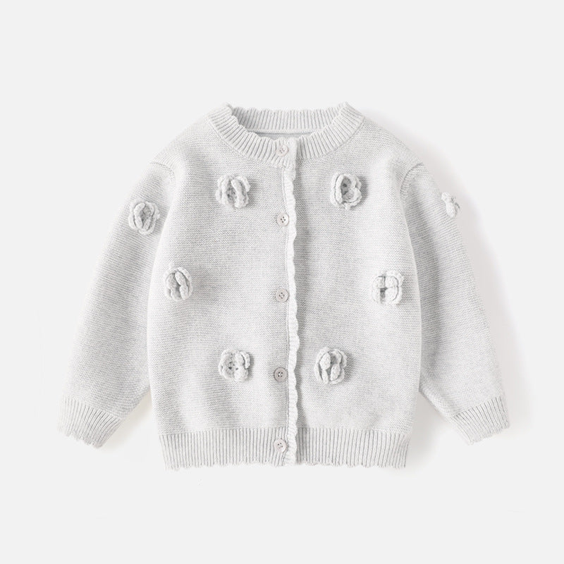 Girls' sweater cardigan princess three-dimensional flower round-neck knitted cotton coat pure color cotton outerwear baby girl A-class sweater