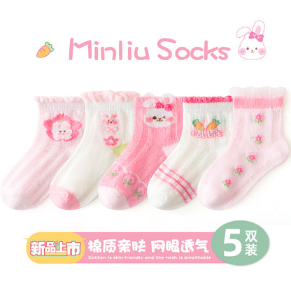 敏榴女童袜子春夏薄款甜美透气网眼儿童袜子中大童棉袜卡通短袜子