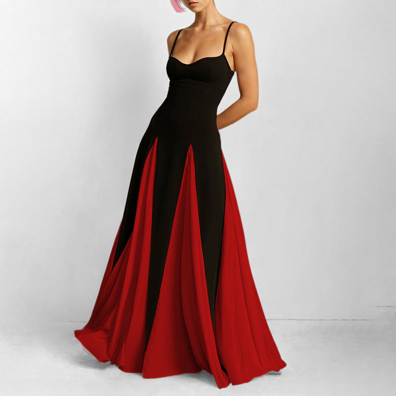 Women's fashionable and elegant halter-neck color-matching loose wide-sleeved beach dress with adjustable waist design