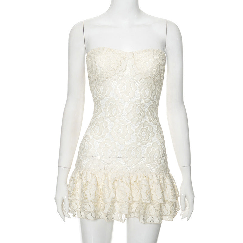 Summer women's dress - solid color, plunging neckline, lace, sheer fabric, high-waisted, full-length