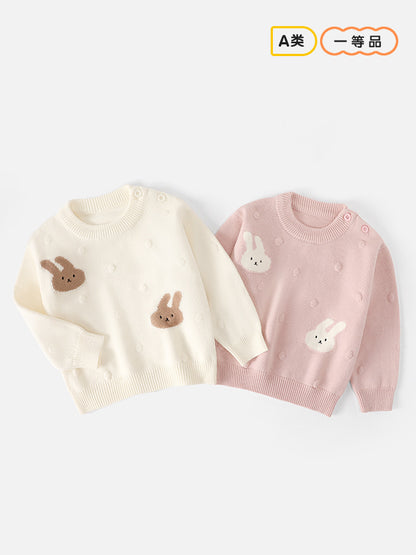 Little girl bunny pullover autumn cartoon round-neck A-type sweater, warm long-sleeved top, children's base knitting sweaterLittle girl bunny pullover autumn cartoon round-neck A-type sweater, warm long-sleeved top, children's base layer knitwear