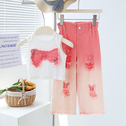 Girls' Summer Set - Two-Piece Set of Sleeveless Hole-Punched Denim Pants for Ages 4-12 - Summer Dress for Girls