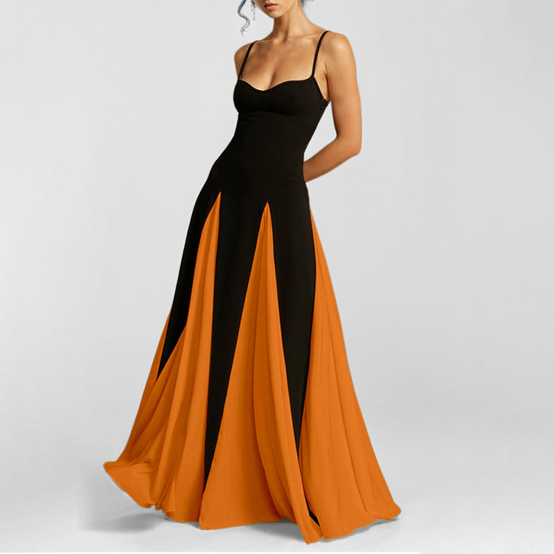 Women's fashionable and elegant halter-neck color-matching loose wide-sleeved beach dress with adjustable waist design