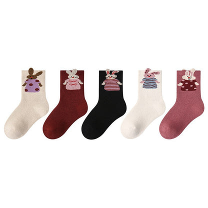 儿童袜子24秋冬批发可爱猫咪波点女童袜子保暖棉质儿童加厚毛圈袜