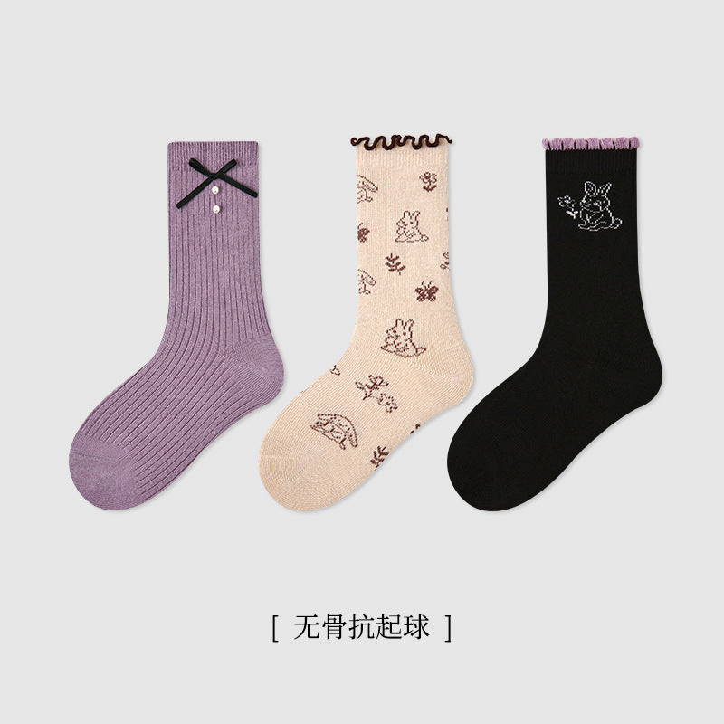 儿童袜子批发2025秋冬花边蝴蝶结女童中筒袜棉木耳边无骨中筒童袜