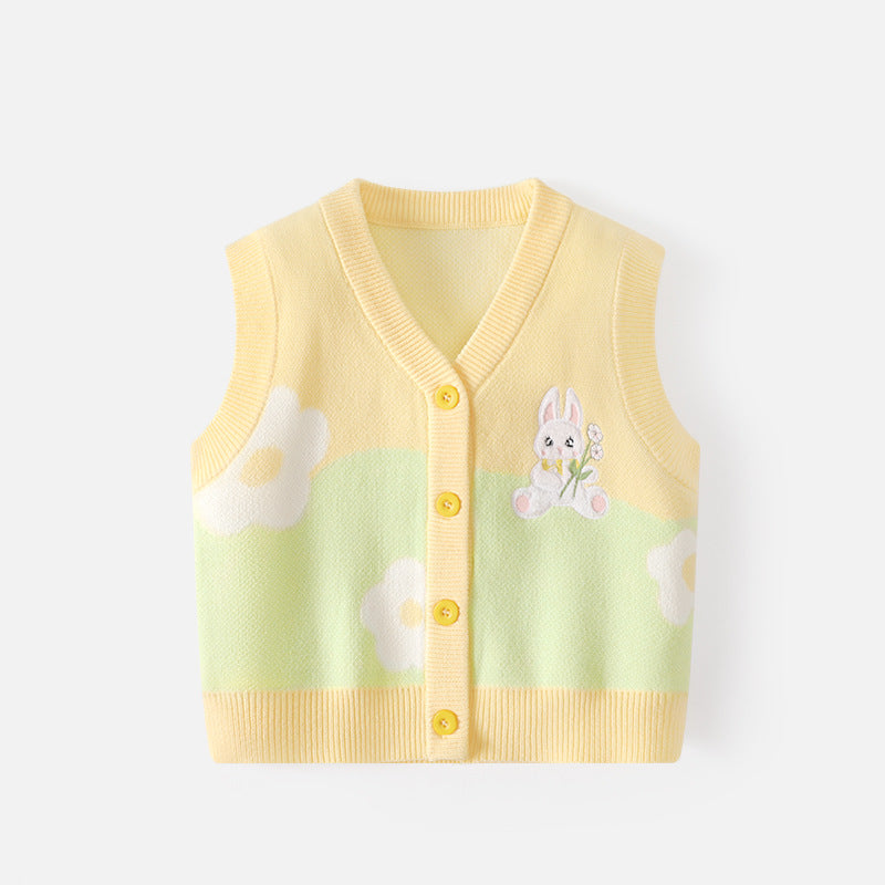 Girls' V-neck blazer made of A-grade cotton, with cartoonish knitted top, suitable for spring and autumn, a warm sweater for girls, girls' coat