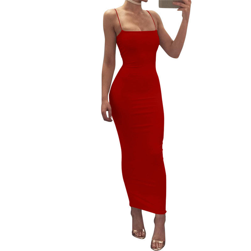 Women's sexy spaghetti strap long dress with backless design and slim fit, perfect for summer.