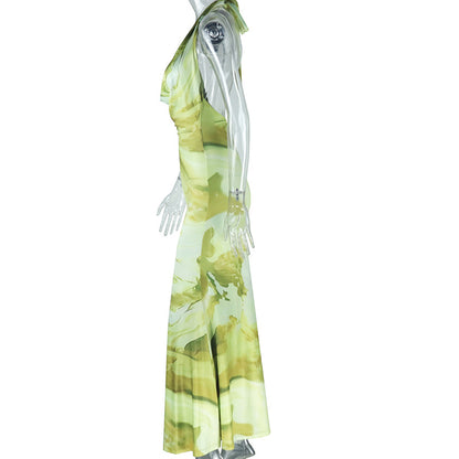 Fresh Women's Clothing - Fashionable Printed Backless Elegant Fish Tail Dress - Shaping Deep V-neck Collarless Dress