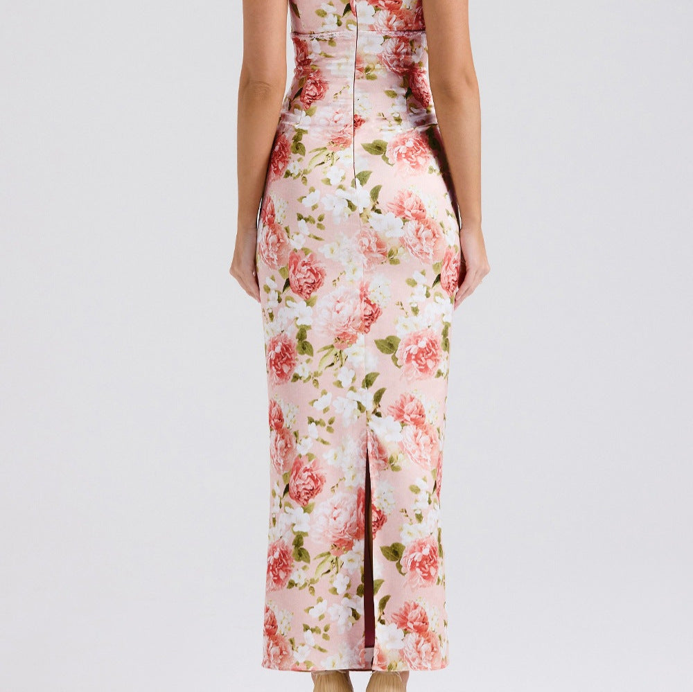 Lace fabric with milk silk texture, pleated at the bust, long and form-fitting dress with floral print on the front.