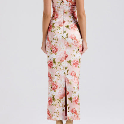 Lace fabric with milk silk texture, pleated at the bust, long and form-fitting dress with floral print on the front.