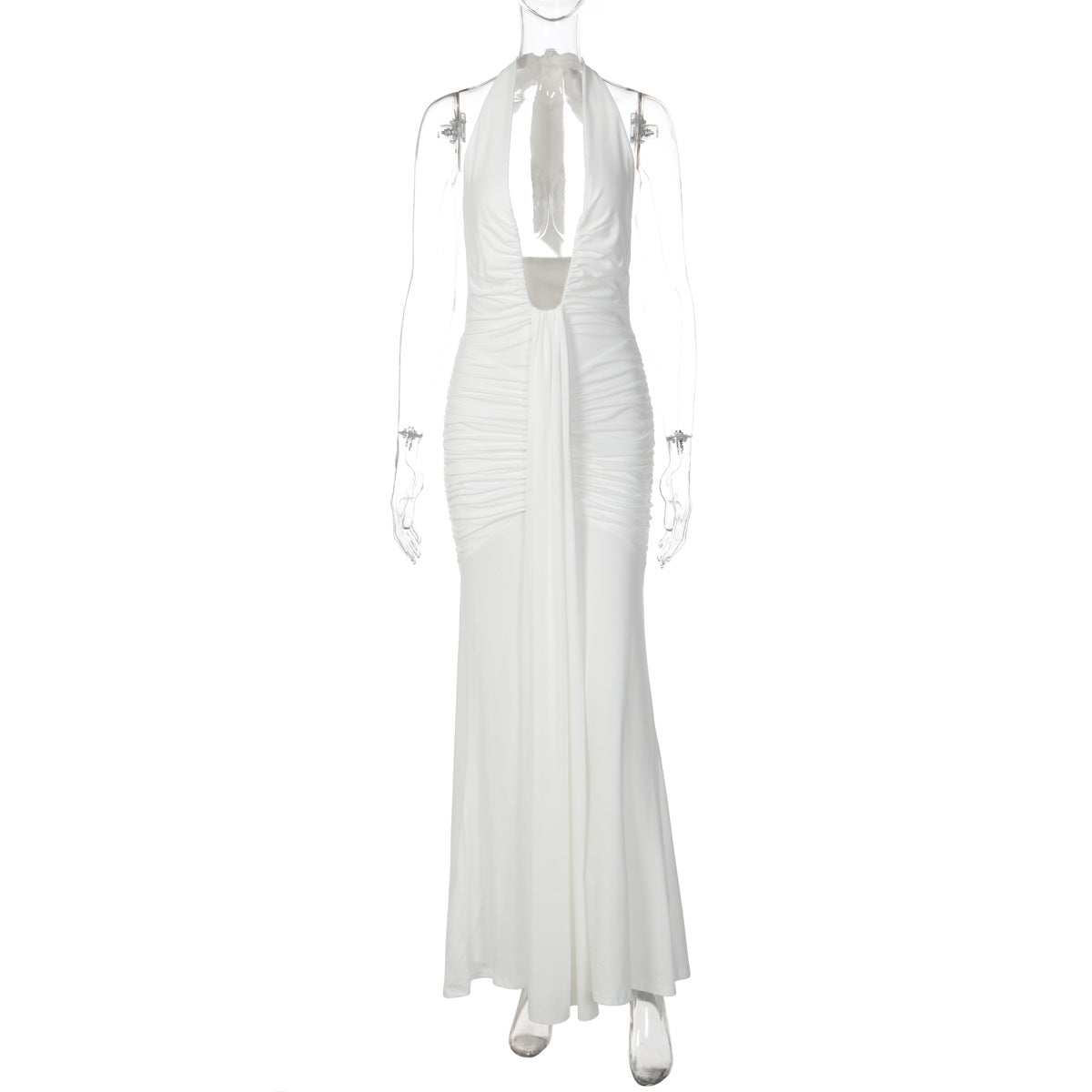 Sexy cut-out V-neck backless fitted pleated spliced strap-neckline dress for women