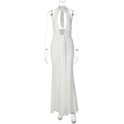Sexy cut-out V-neck backless fitted pleated spliced strap-neckline dress for women