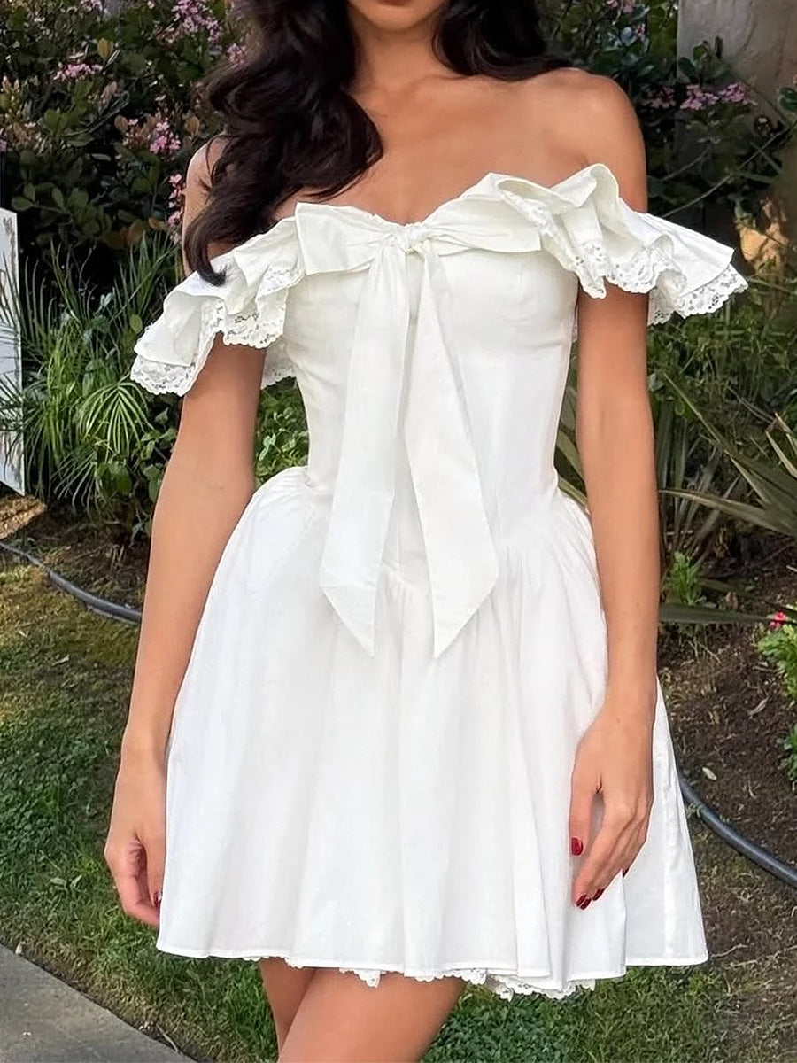 Women's fishbone pure desire white dress, sexy V-neck with bow tie at the waist, backless, revealing white dress.
