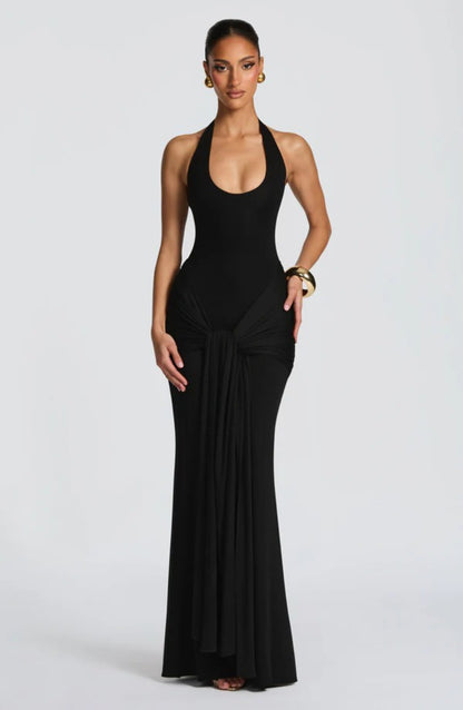 Women's pleated ribbon-spliced halter top long dress with fitted bust and draped neckline formal gown