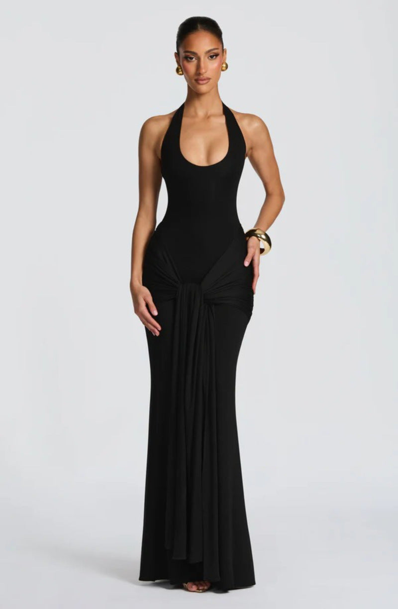 Women's pleated ribbon-spliced halter top long dress with fitted bust and draped neckline formal gown
