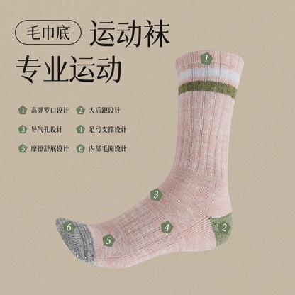 Winter and autumn heat-retaining wool warm double-bar mid-length women's socks, thick and lightweight sports towel bottom socks, children's and teenagers' versions
