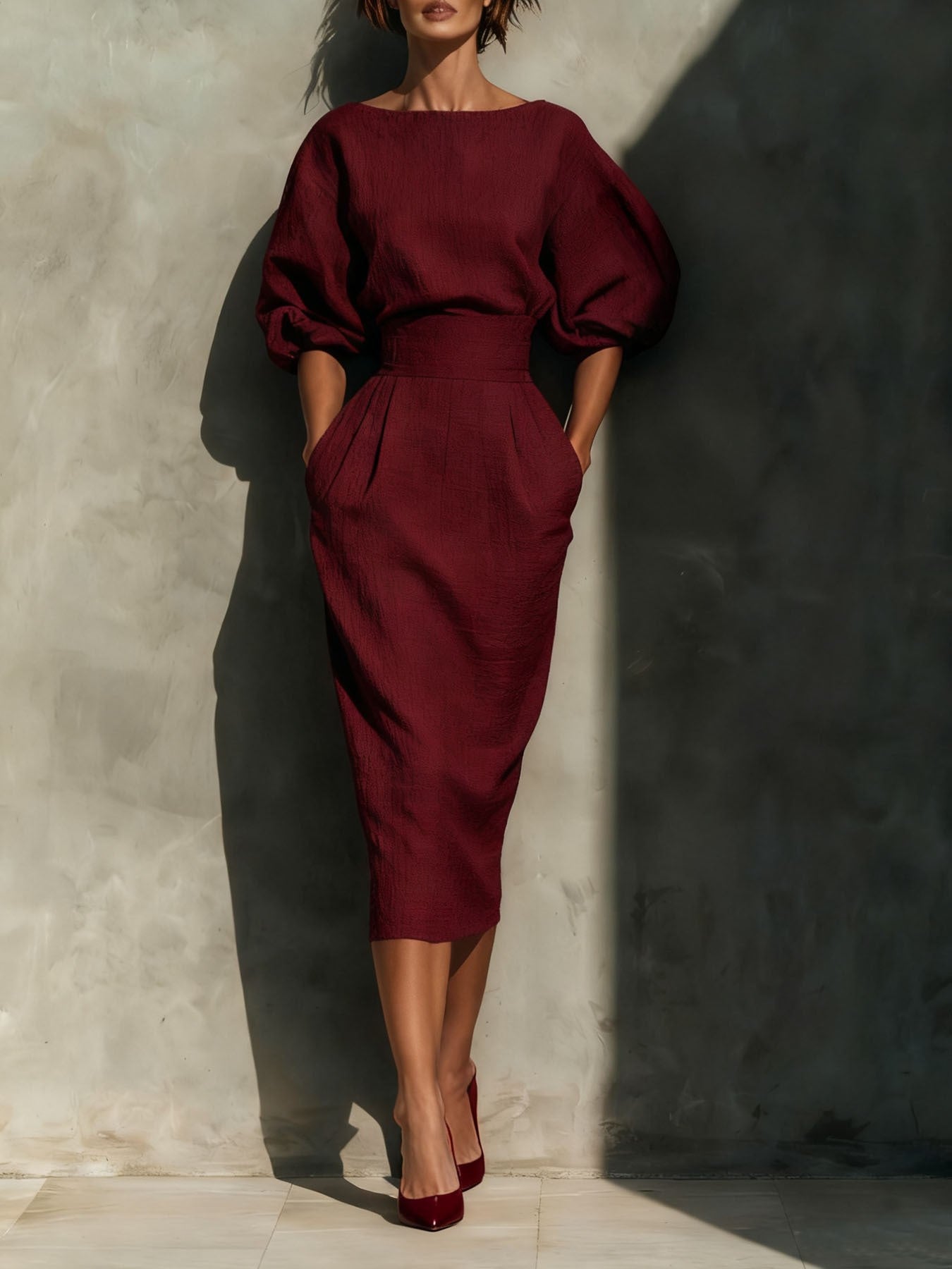 Spring/Summer style elegant boat-neck A-line skirt with puff sleeves top paired with high-waisted pleated half-skirt perfectly showcases retro style.