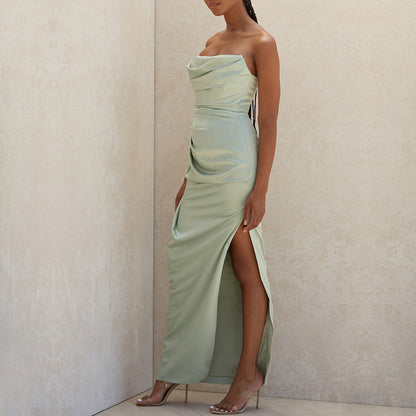 Silk strapless slit knee-length dress - a sexy evening gown