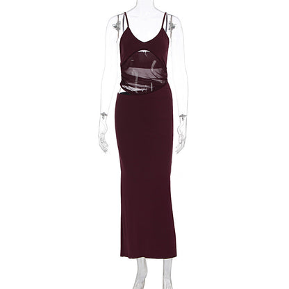 Net fabric seaside vacation long dress with stretch and figure-hugging design for women, featuring a sexy halter top and a one-piece style.