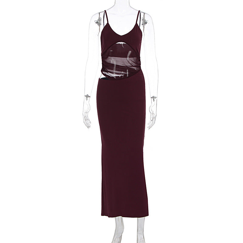 Summer new style net fabric beach vacation long dress with elastic waist and figure-hugging women's sexy halter top dress