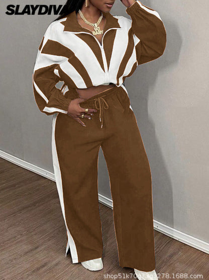 Black and white color-blocked top and wide-leg pants two-piece casual sportswear set, stylish and relaxed.