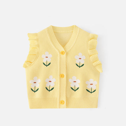 Girls' V-neck blazer made of A-grade cotton, with cartoonish knitted top, suitable for spring and autumn, a warm sweater for girls, girls' coat