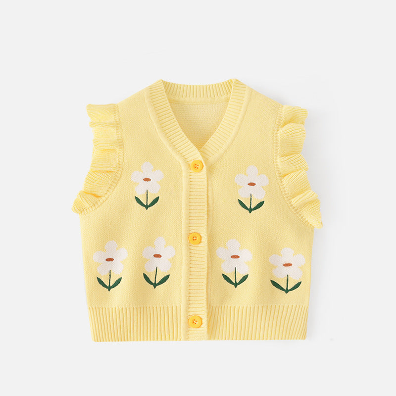 Girls' V-neck blazer made of A-grade cotton, with cartoonish knitted top, suitable for spring and autumn, a warm sweater for girls, girls' coat