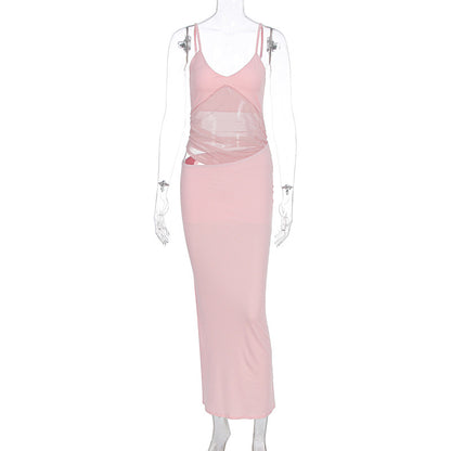 Net fabric seaside vacation long dress with stretch and figure-hugging design for women, featuring a sexy halter top and a one-piece style.