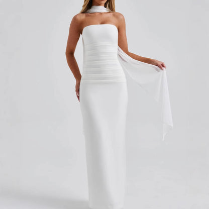 Winter and autumn silk scarf strapless figure-hugging form-fitting women's long dress with a back slit and full skirt
