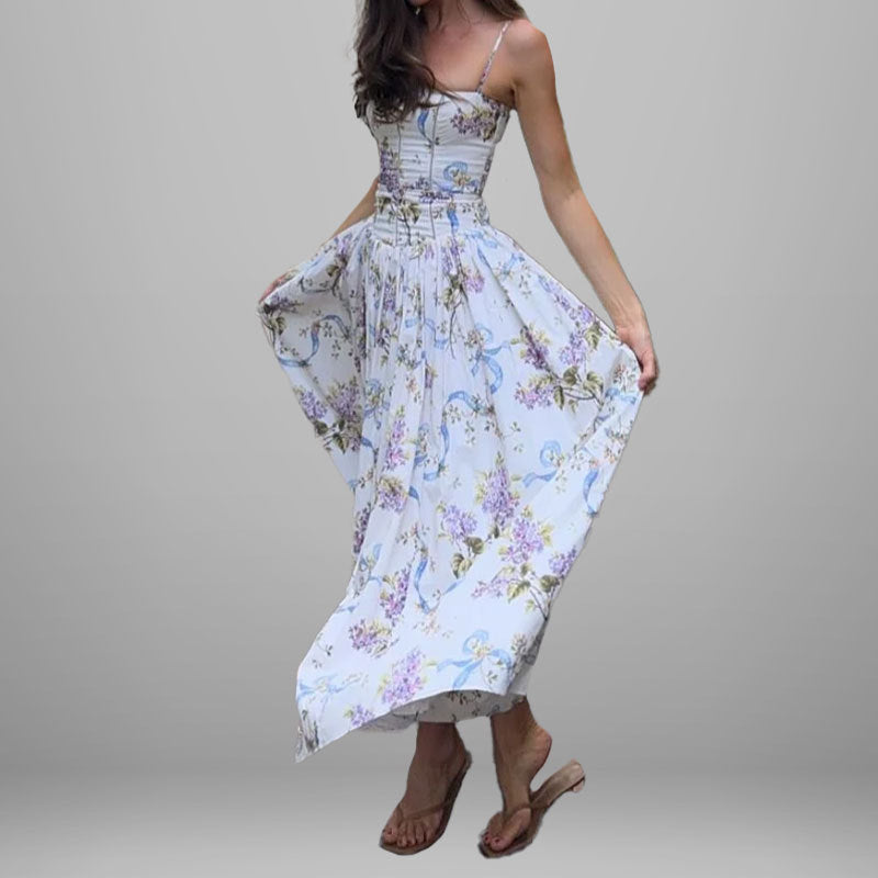 Women's dress: Long dress with elegant print, wide hem, and strapless design.
