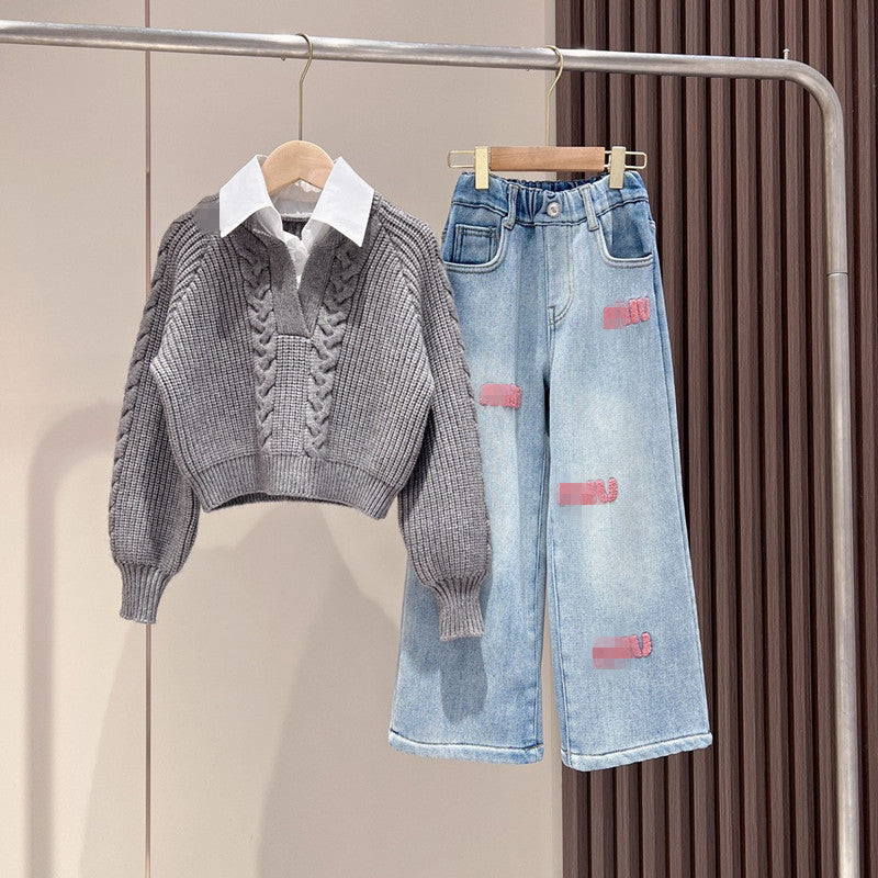 2025 New Style Girls' Autumn/Winter Suit: Stylish Korean Style Casual Knitted Sweater with Fashionable Embroidered Jeans